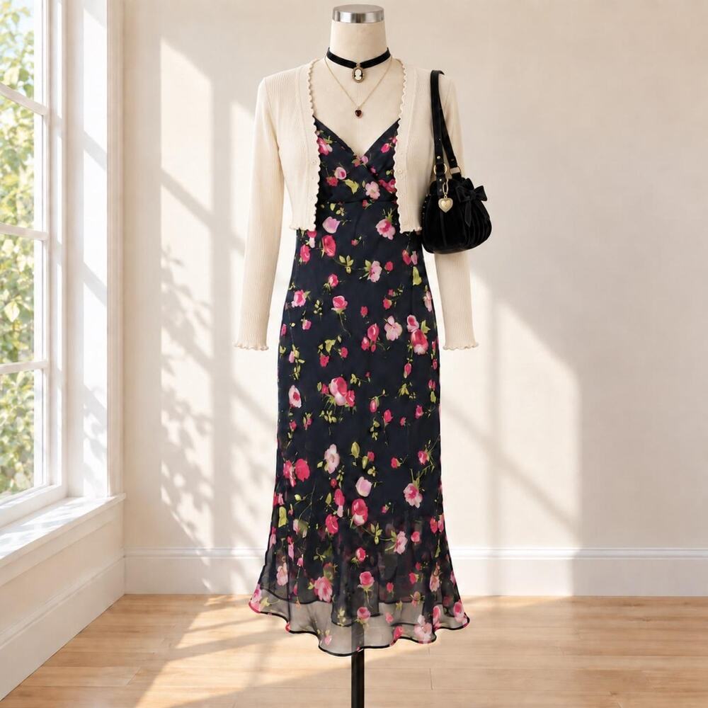 Black Floral Chiffon Dress Sz.11 City Triangles Dark Romantic Y2K